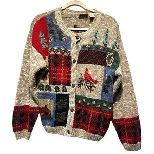 Northcrest holiday cardigan sweater. Knit size L plaid 
Birds